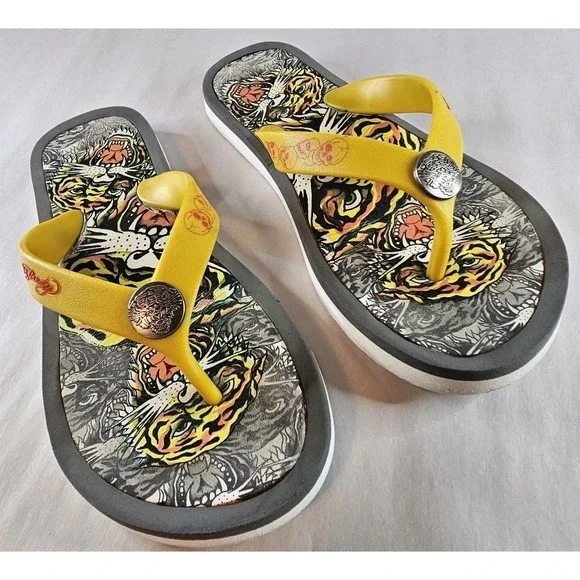 Y2K‎ Ed Hardy Tiger Skull Flip Flop Sandals Yellow Women's Size 5/6 - Picture 12 of 13